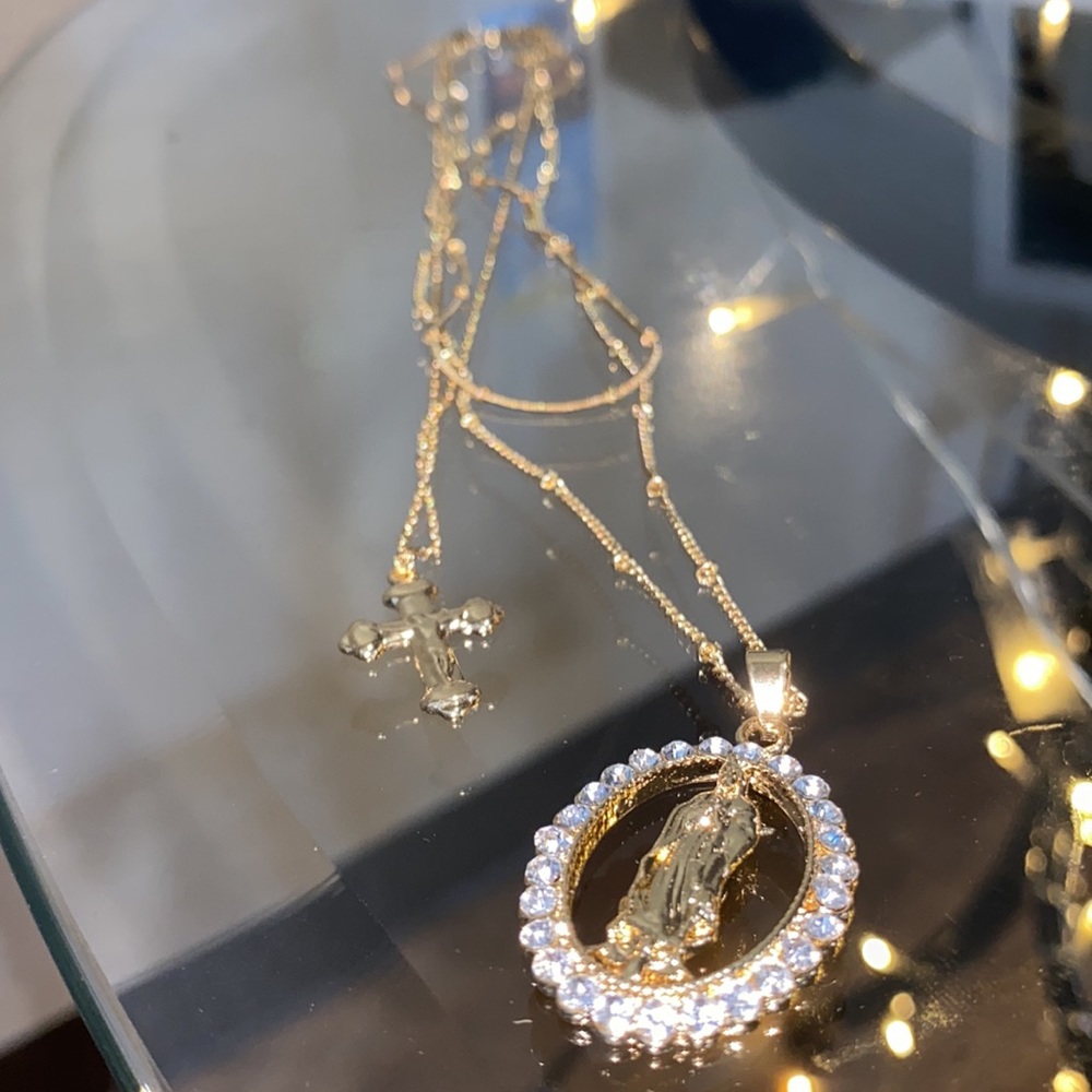 Mary & Cross Gold 3 Layer Necklace New